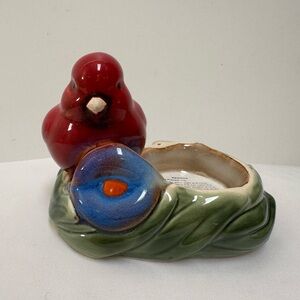 Vintage ceramic Majolica-style red bird figurine candle holder or trinket dish.
